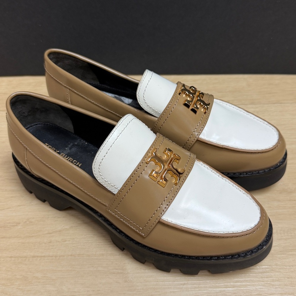 Tory Burch Mini Everly Chunky Loafers white and brown colorblock gold hardware